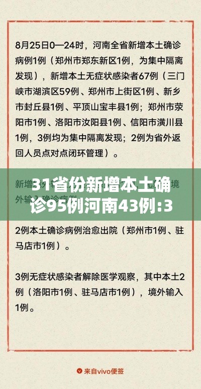 31省份新增本土确诊95例河南43例:31省区市新增本土确诊75例